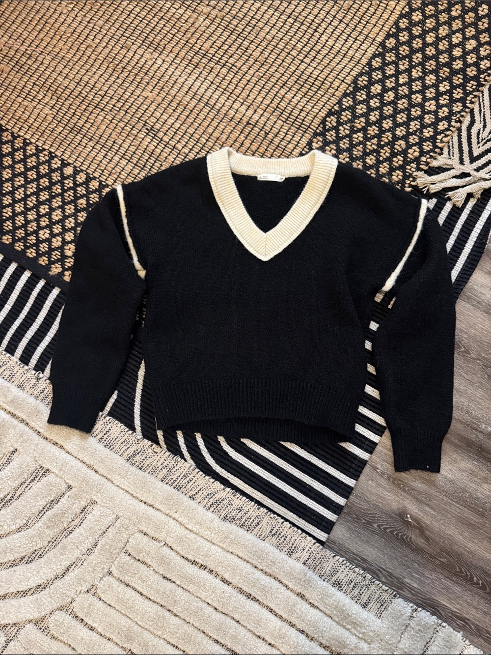 OAK + FORT Black V-Neck Sweater with Cream Trim